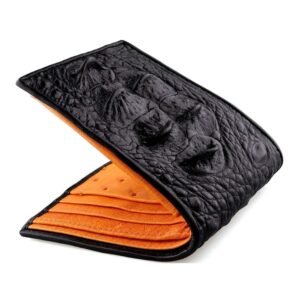 Portefeuille en tête de crocodile véritable noir à l'extérieur et autruche authentique orange à l'intérieur